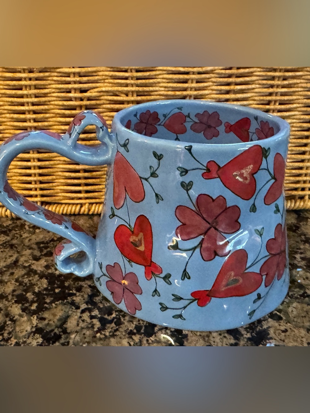 Anthropologie Hand-Painted Blue Ceramic Coffee Mug with Red Heart & Floral Motif